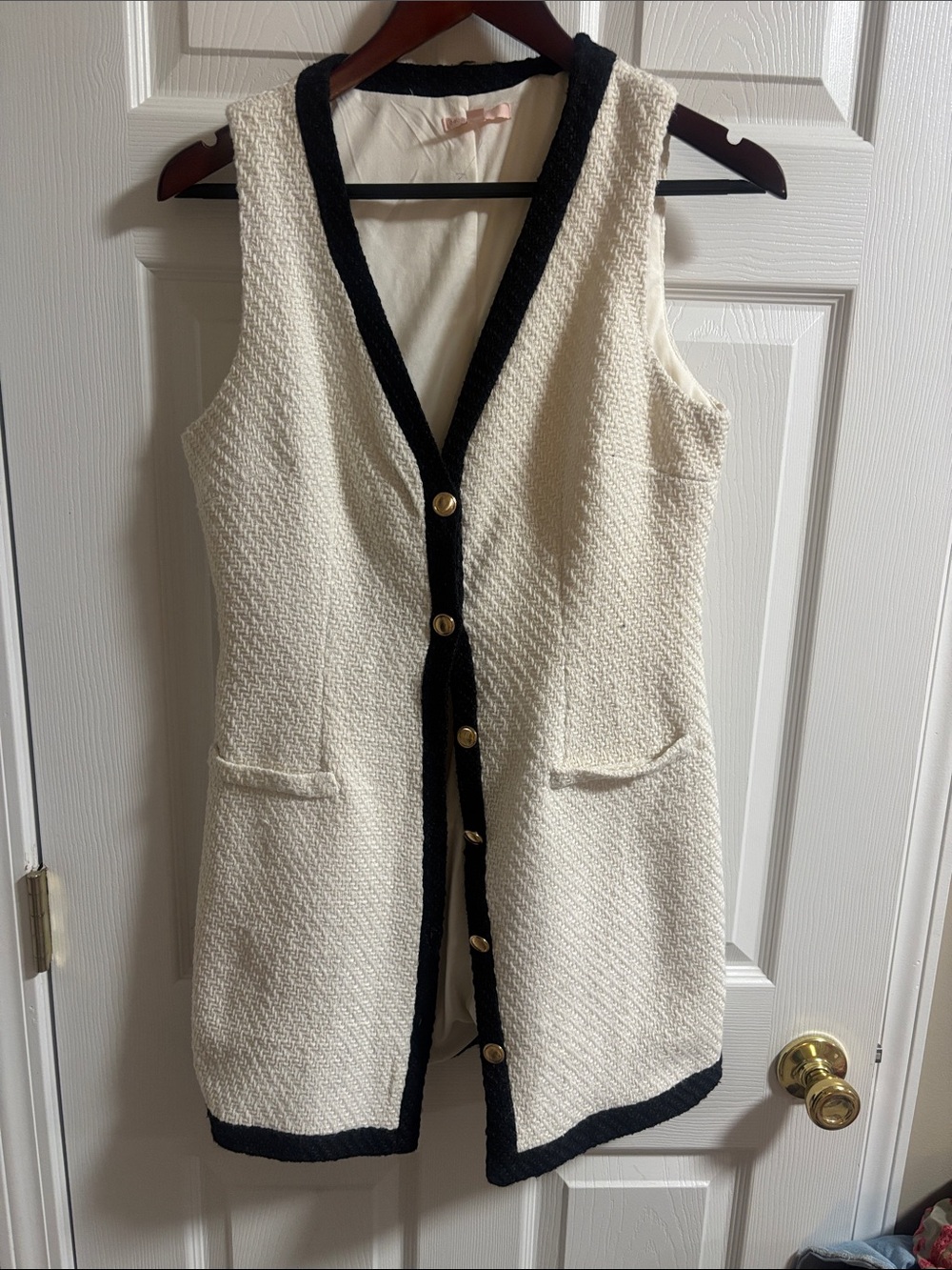 Cream Bouclé Long Vest with Black Trim and Gold Buttons